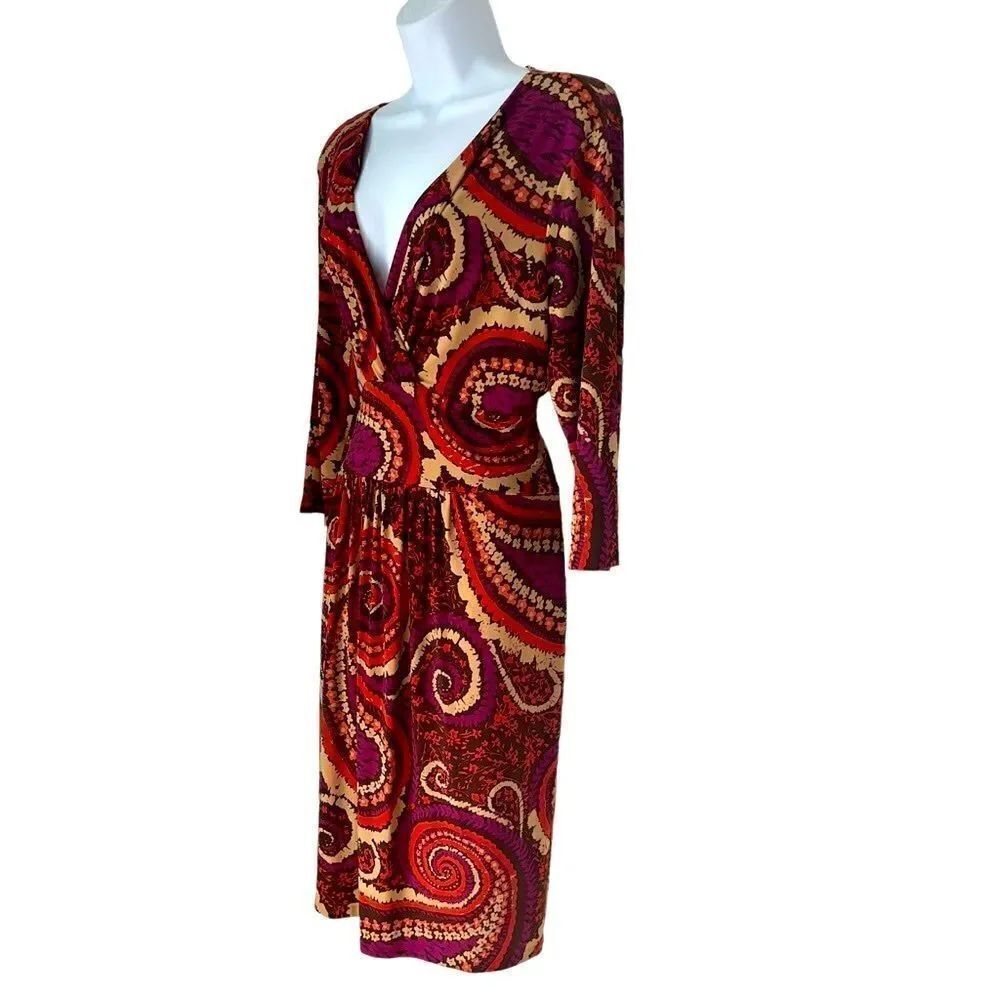 Talbots Dress Multi Print Burgundy Paisley Long Sleeve Plunging V neckline 12P